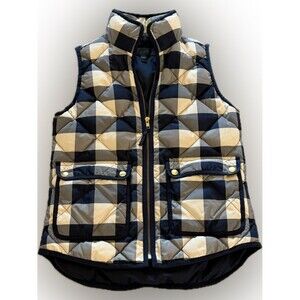 J. Crew Factory Down Puffer Vest Plaid Quilted Navy Tan Women XXS